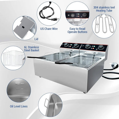Commercial Electric Deep Fryer with Baskets Stainless Steel Adjustable Temperature Deep Fryer