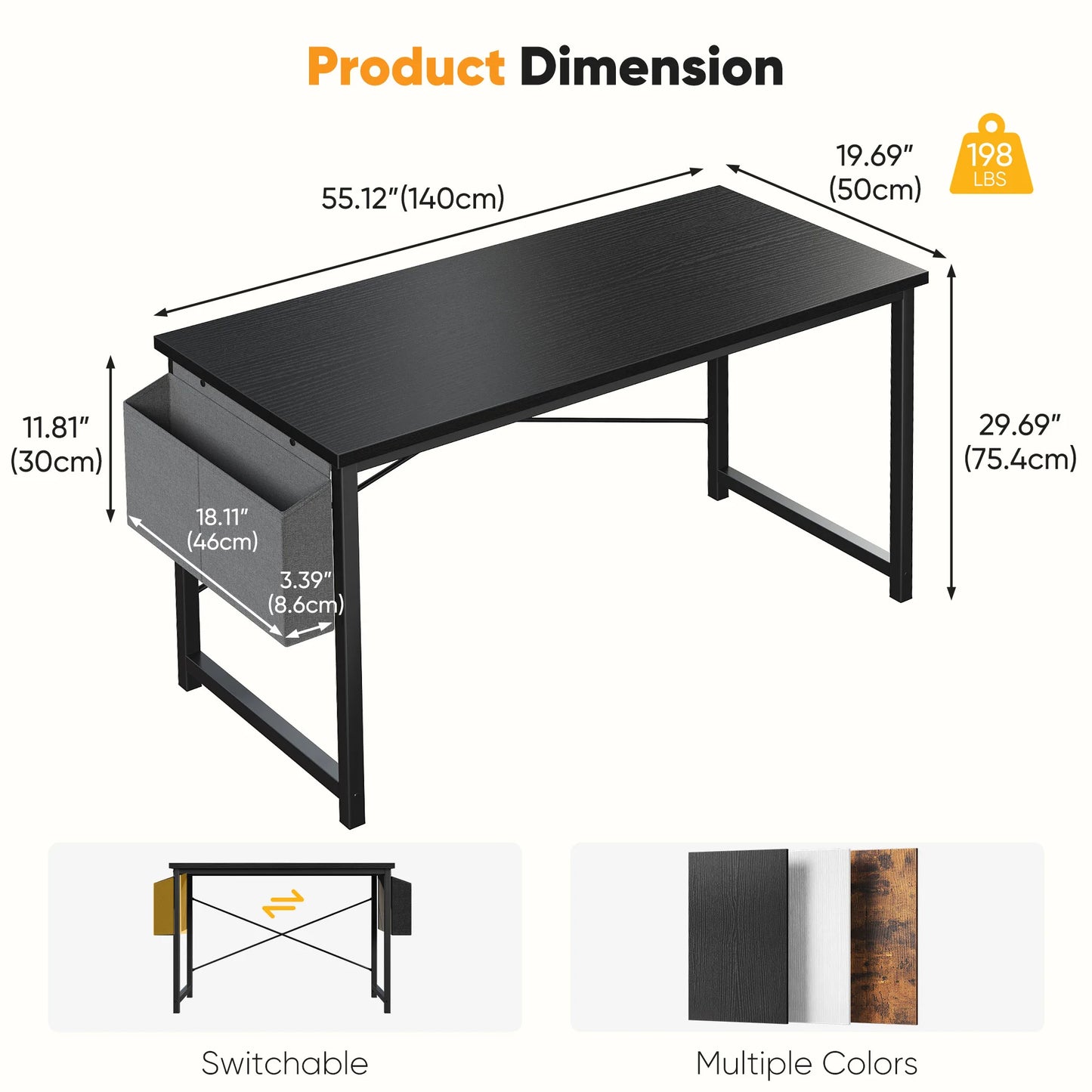 Computer Office Desk Writing Study Gaming Table with Storage Bag Metal Frame Wood Tabletop Easy Assembly
