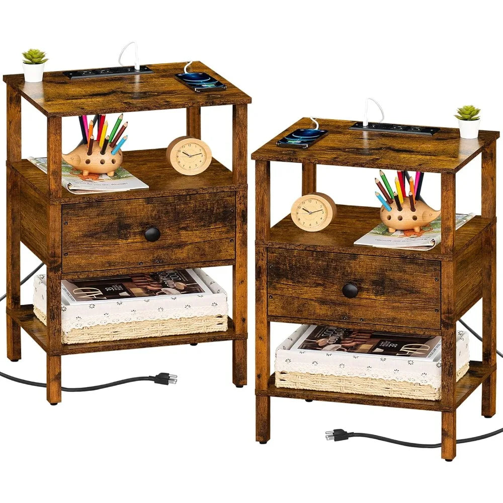 3-Tier Storage End Table with Drawer Shelf, Nightstand with charging station