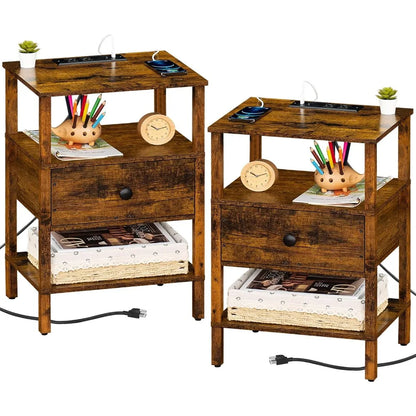 3-Tier Storage End Table with Drawer Shelf, Nightstand with charging station