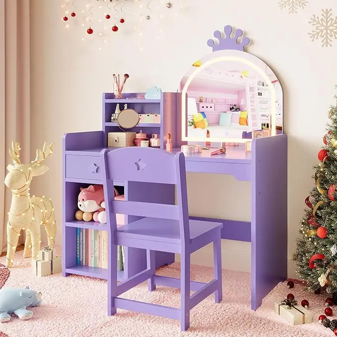 2 in 1 Princess Makeup Vanity Desk & Chair Set with Open Bookshelf for Girls