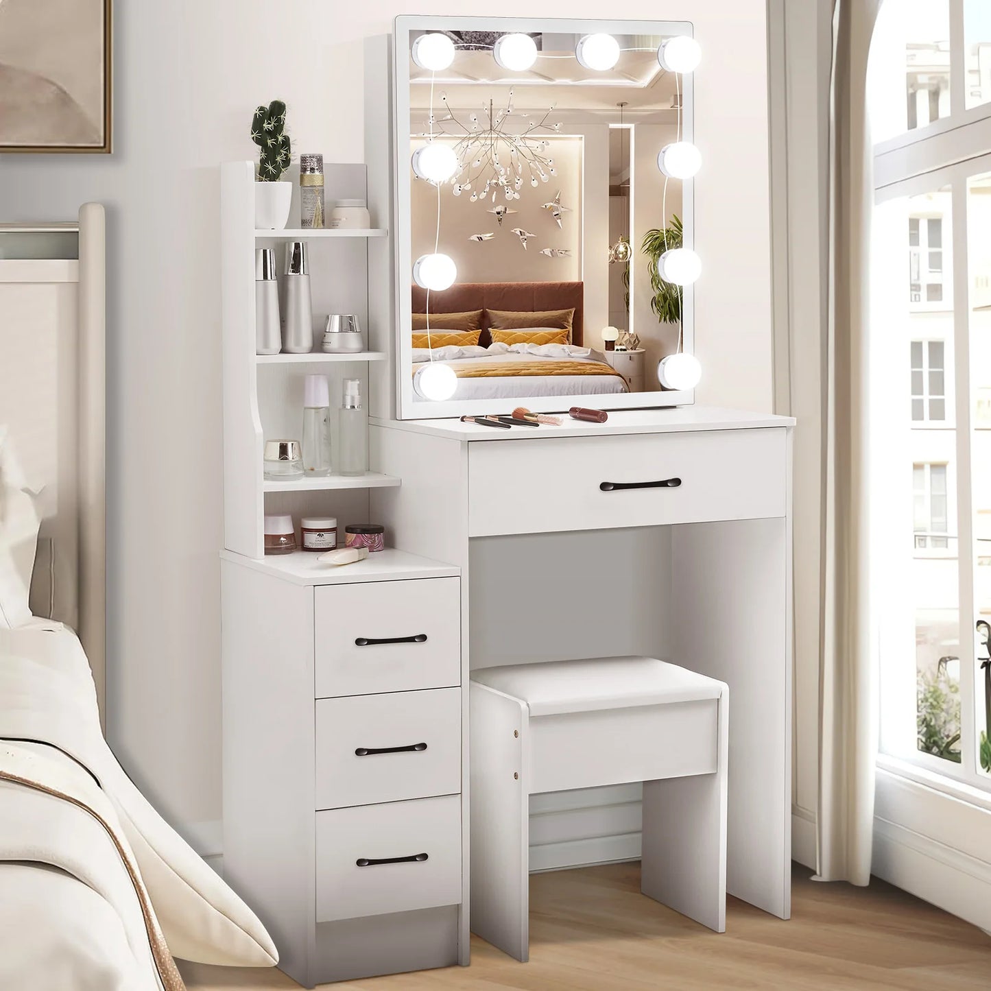 Modern White Dressing Table Stool Set with 3-Color Adjustable LED Light Mirror 4 Drawers.