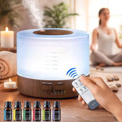 Stylish Wood Grain Diffuser Set Cool Mist Humidifier with Remote, 7 LED Colors & 6 Essential Oils