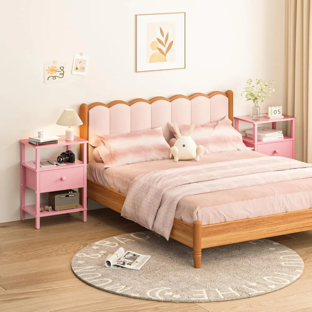 3-Tier Storage End Table with Drawer Shelf, Nightstand with charging station