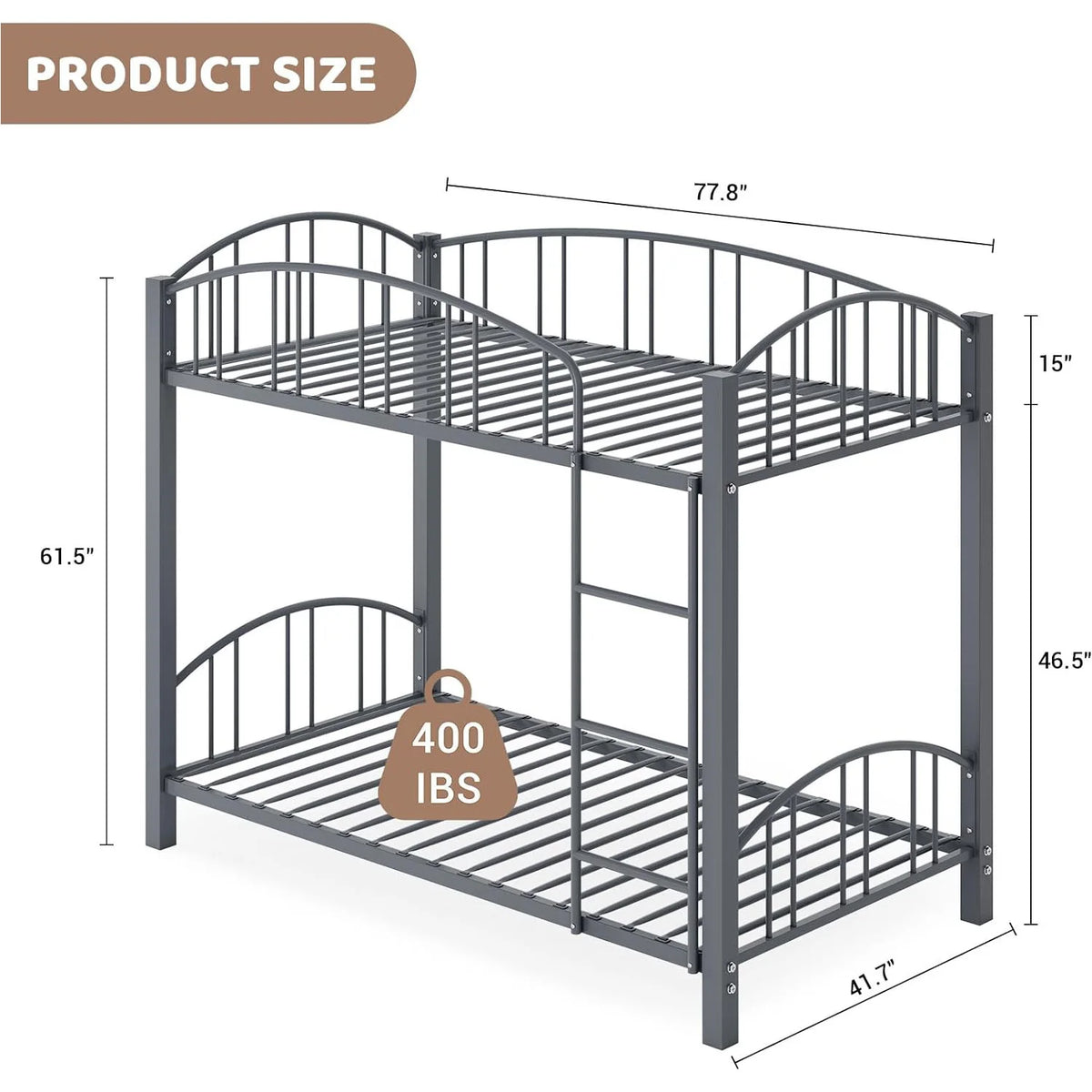 Metal Loft Bed Bunk Beds Twin Over Full Size with Heightened Safety Guardrail & Ladder