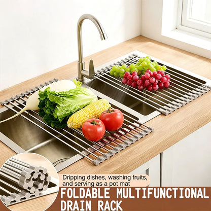 Over Sink Rollable Dish Drying Rack Foldable Stainless Steel Drain Mat