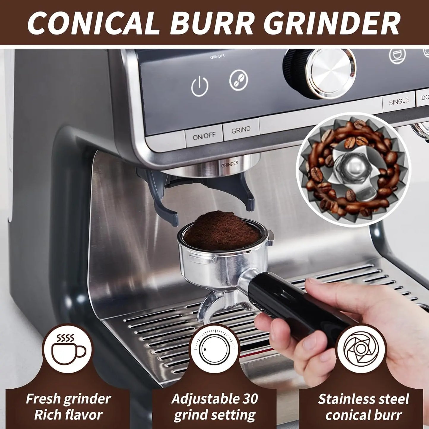 Espresso Machine with Grinder, Professional with Milk Steam 20 Bar Barista Cappuccino Machine