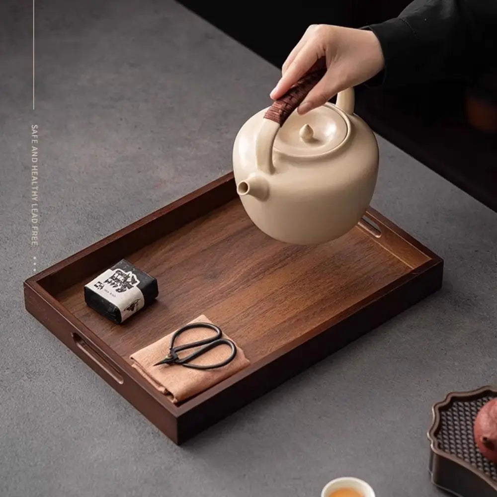 Decorate Tray Rectangular Bamboo Wooden Walnut Color with Handle Serving Tray