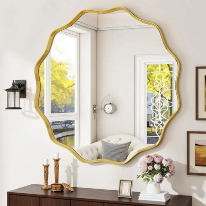 36" Wavy Round Decorative Mirror With Deep Frame Gold