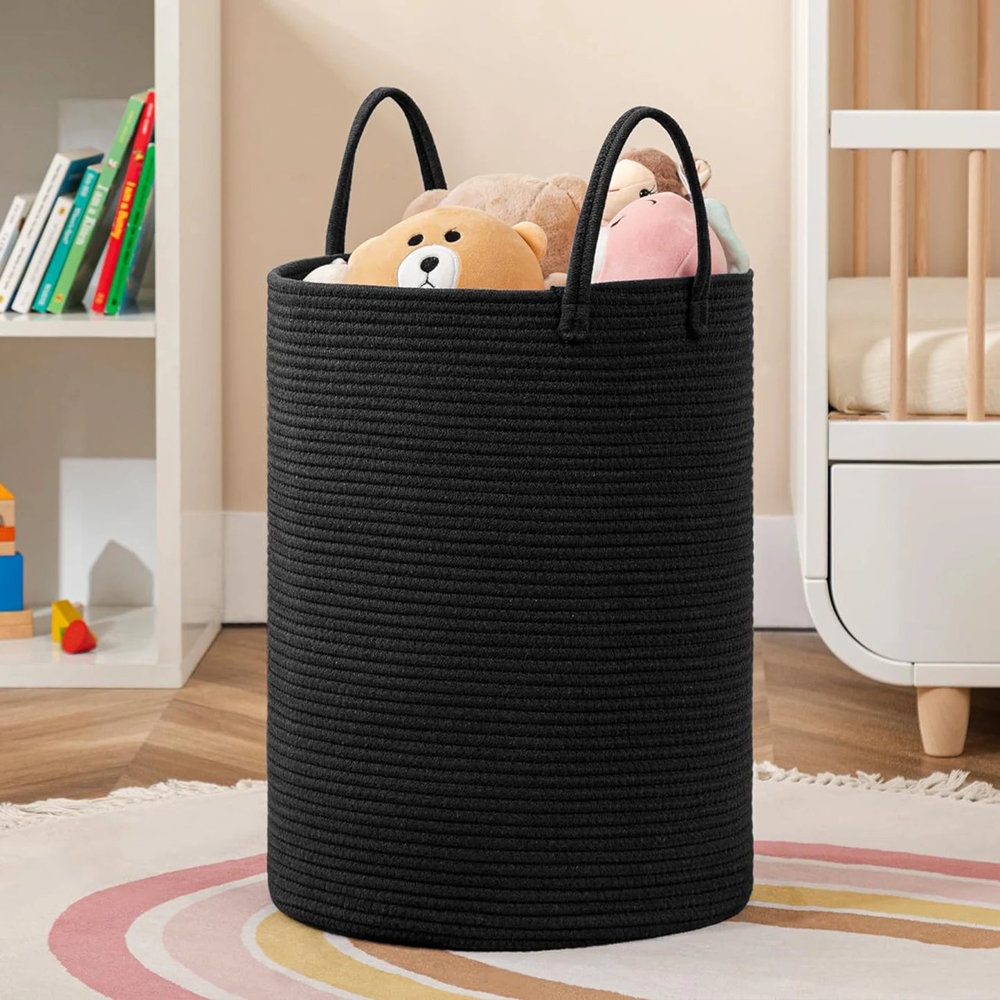Large Storage Basket Tall Woven Laundry Hamper with Handles Foldable Cotton Rope