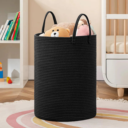 Large Storage Basket Tall Woven Laundry Hamper with Handles Foldable Cotton Rope