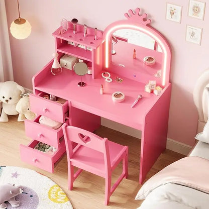 2 in 1 Princess Makeup Vanity Desk & Chair Set with Open Bookshelf for Girls