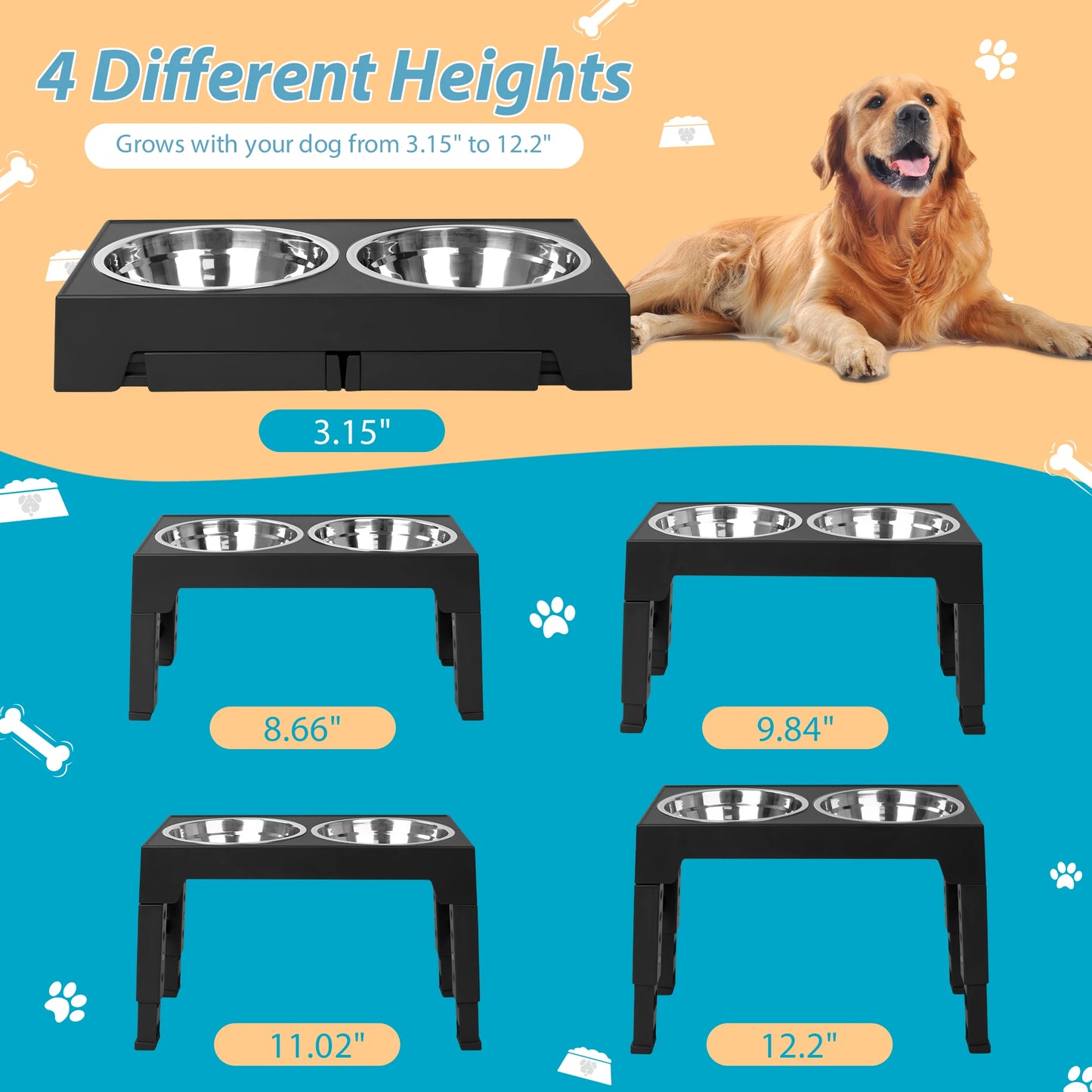 Elevated Dog Bowls with 2 Stainless Steel Dog Food Bowls, Raised Dog Bowl Adjusts to 5 Heights