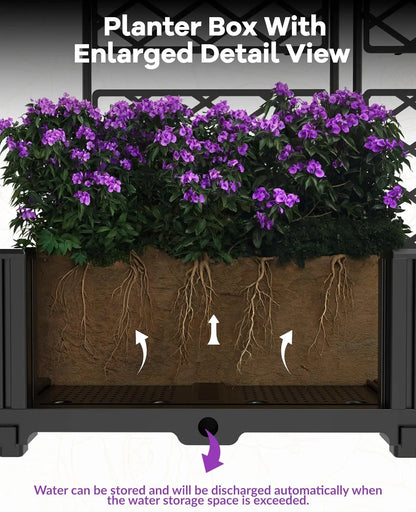 3Pcs Outdoor Raised Planter Box with Trellis Plastic Raised Garden Beds and Metal Trellis for Climbing Plants
