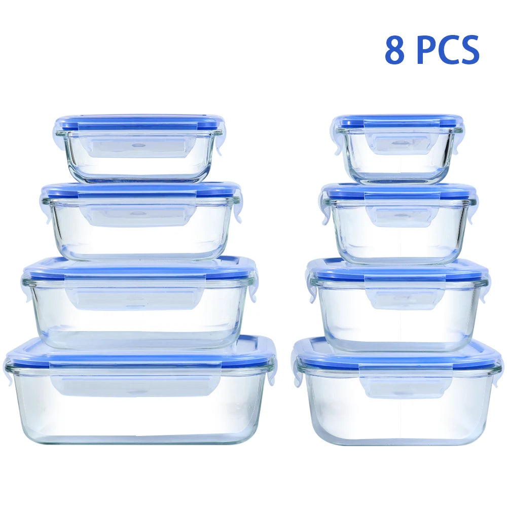 8pcs Glass Food Storage Containers Set Lunch Box Leakproof Airtight Microwave & Oven Safe