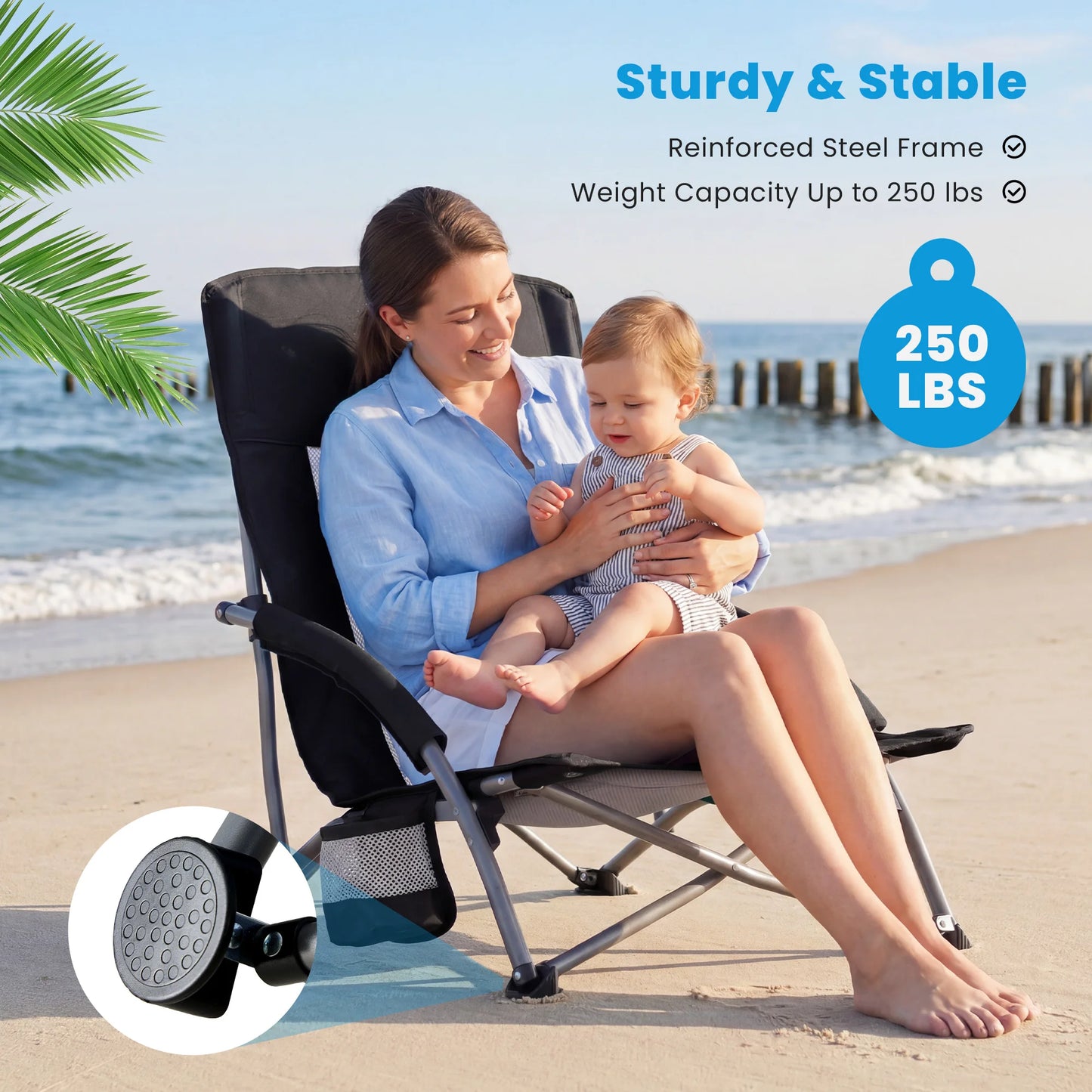 Outdoor Folding Low Beach Chair Collapsible Padded with Cup Holder Storage Bag Mesh Back