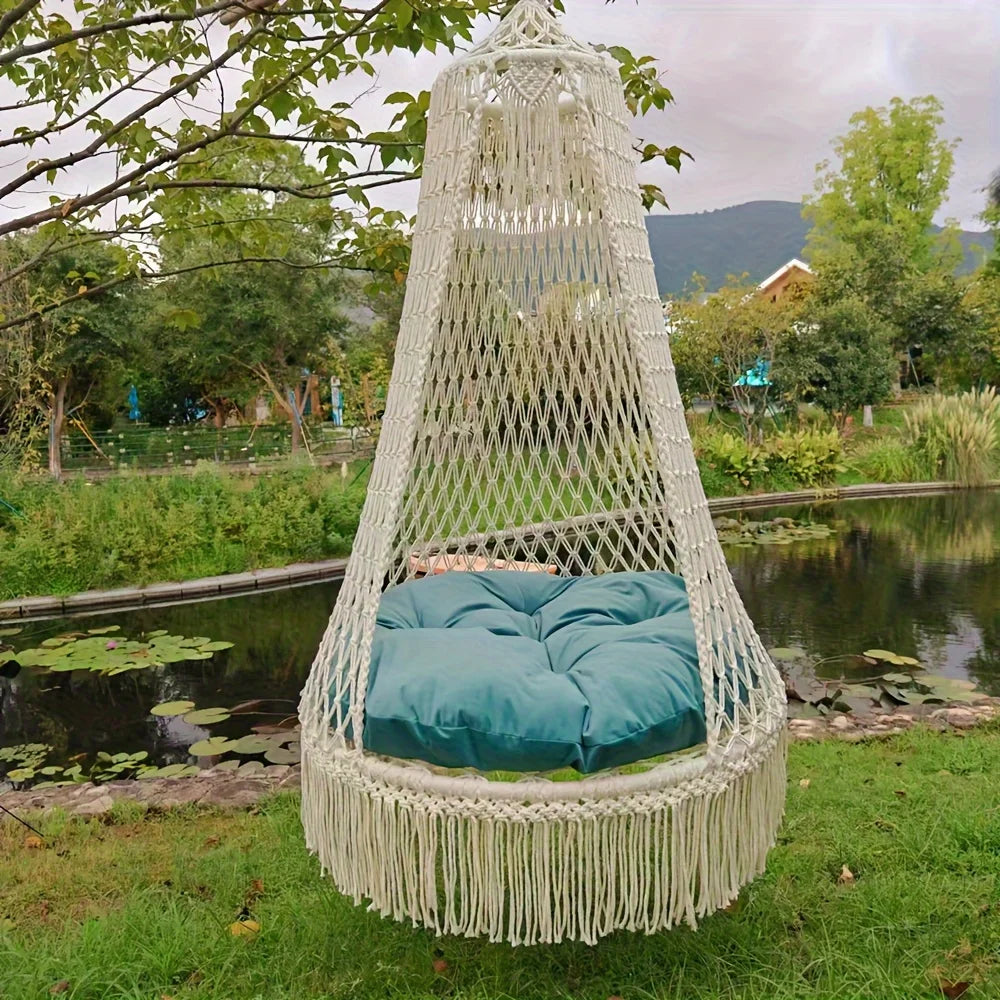 Handmade woven tassel hanging swing indoor or outdoor hammock does not include seat cushion