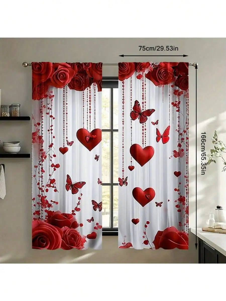 Set Of 2 Valentines Day Curtains with Red Roses Hearts and Butterflies