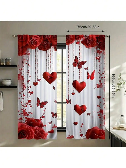 Set Of 2 Valentines Day Curtains with Red Roses Hearts and Butterflies