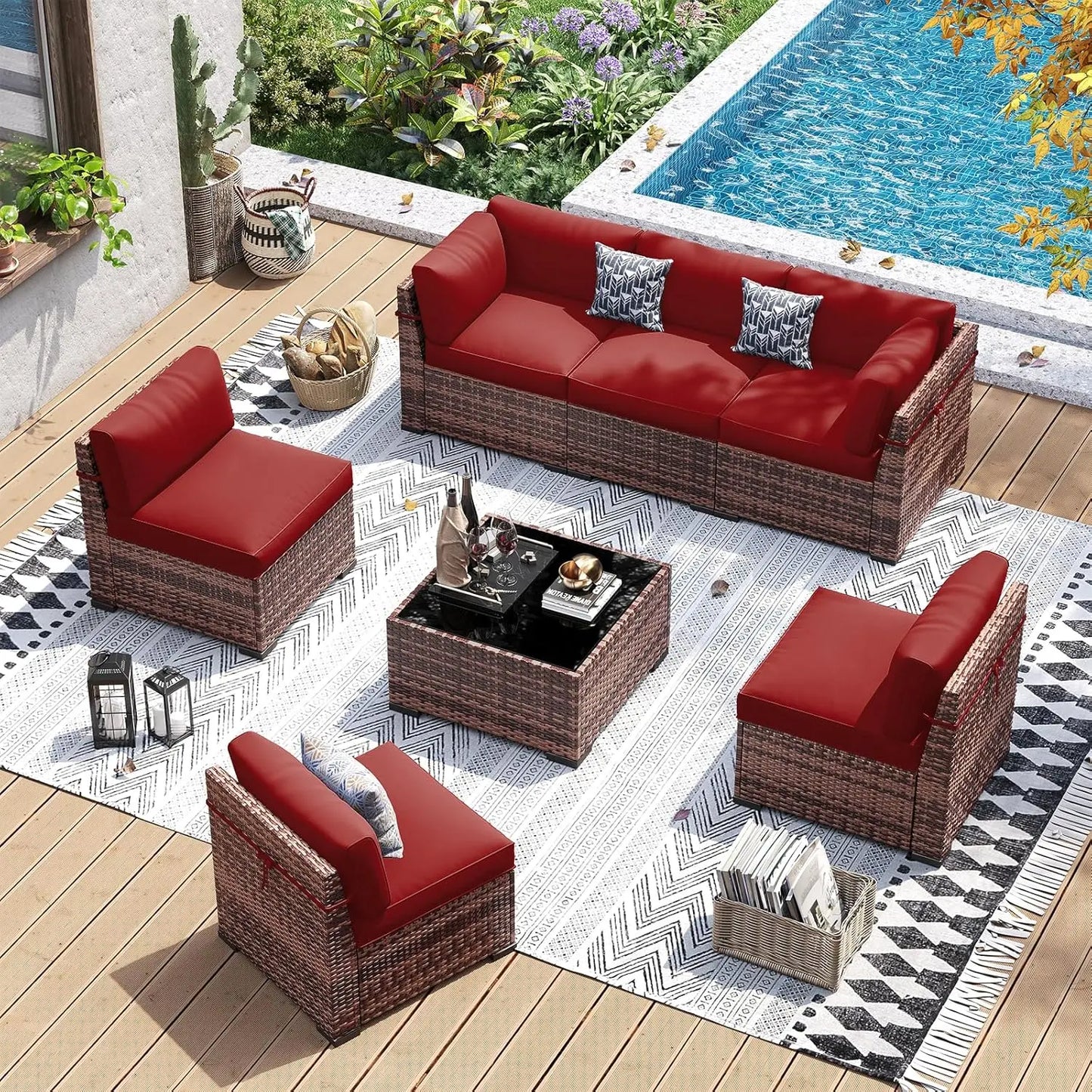 7 Pieces PE Wicker Sectional Sofa with Tea Table, Outdoor Conversation Set for Patio