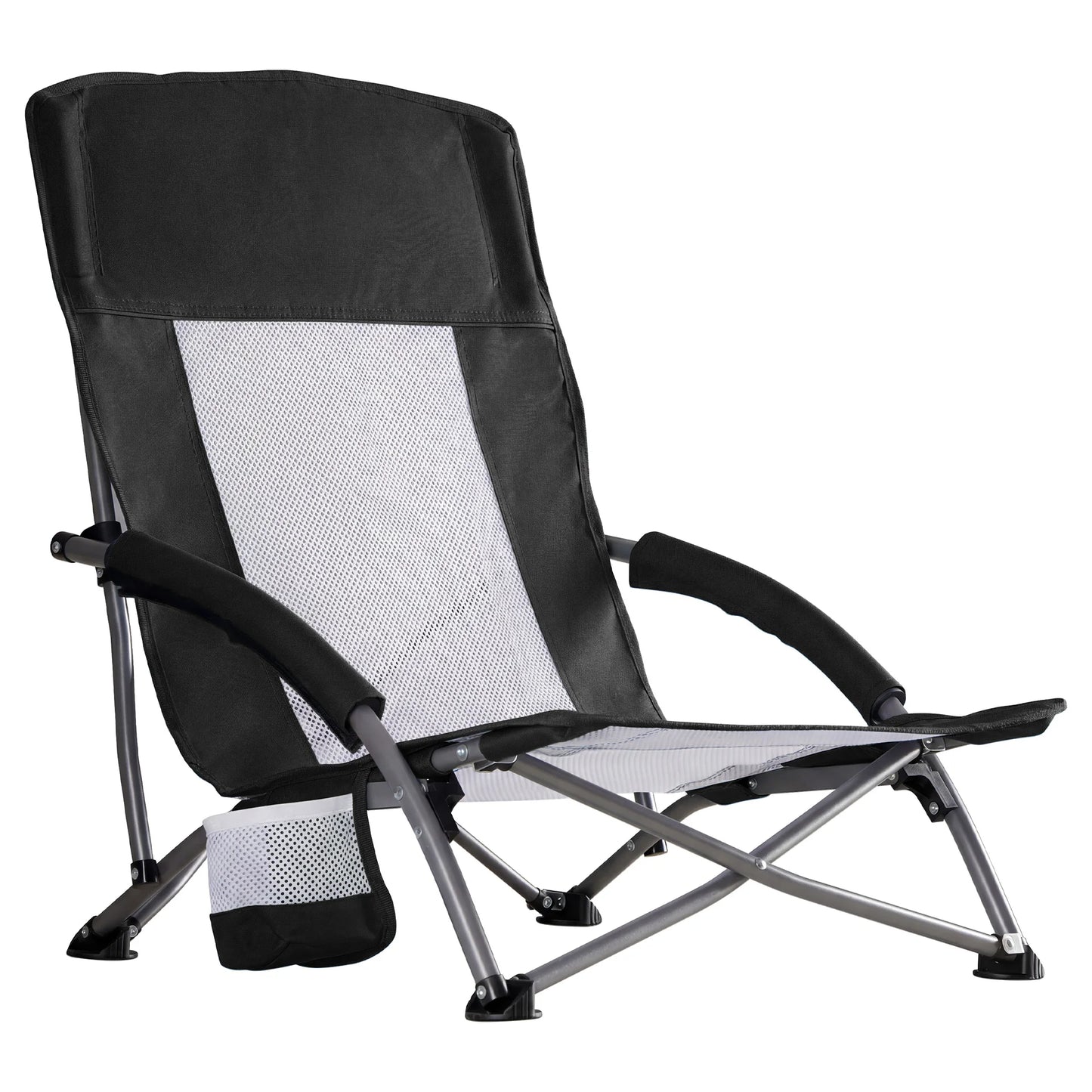 Outdoor Folding Low Beach Chair Collapsible Padded with Cup Holder Storage Bag Mesh Back