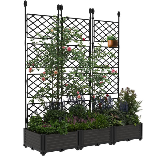 3Pcs Outdoor Raised Planter Box with Trellis Plastic Raised Garden Beds and Metal Trellis for Climbing Plants