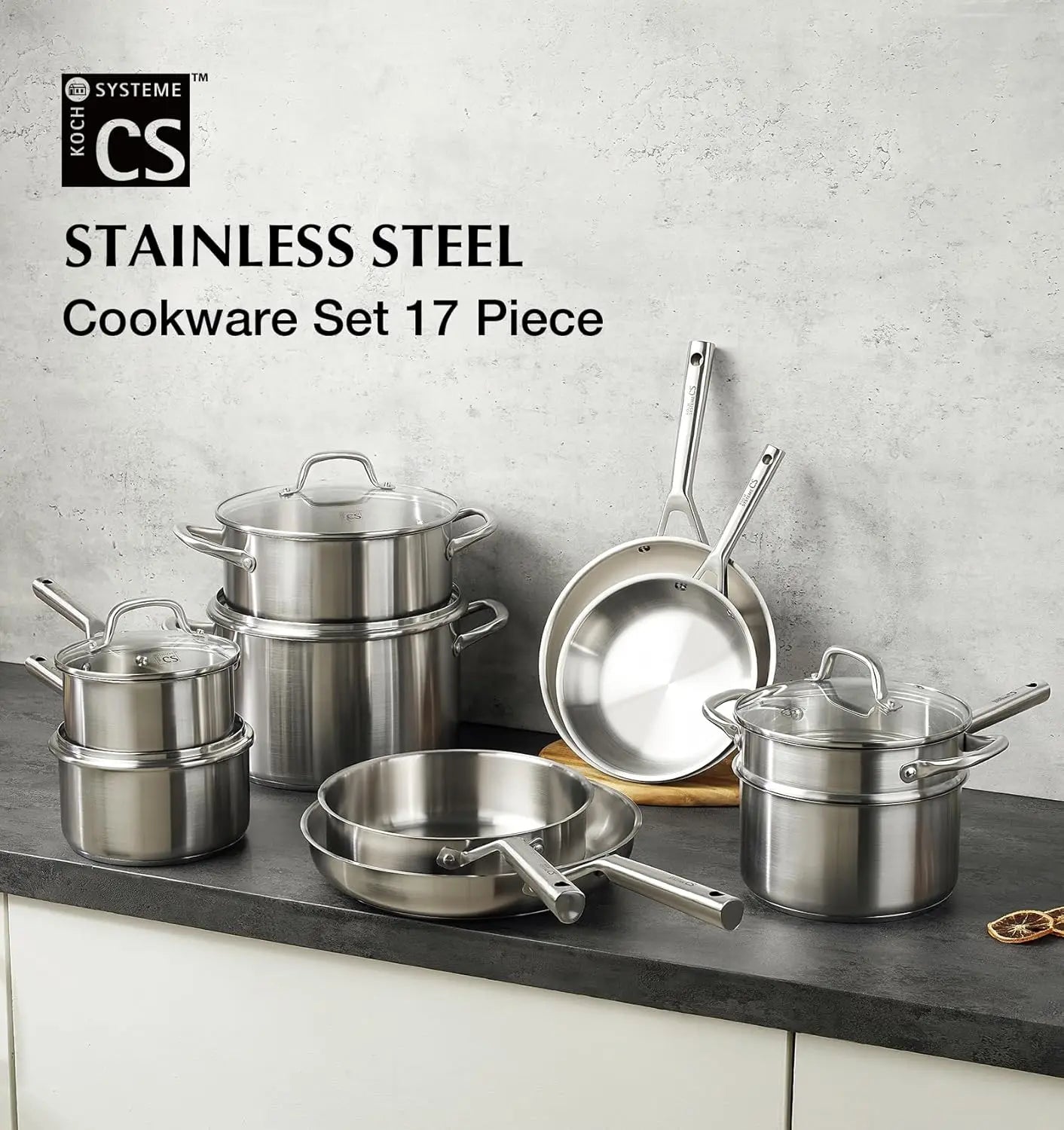 Stainless Steel Cookware Set 17 Piece, Pots and Pans 5-Layer Base, Oven & Induction Safe