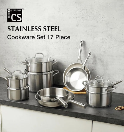 Stainless Steel Cookware Set 17 Piece, Pots and Pans 5-Layer Base, Oven & Induction Safe
