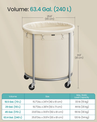 Laundry Basket with Wheels, Rolling Round Heavy-Duty Laundry Hamper Cart with Steel Frame