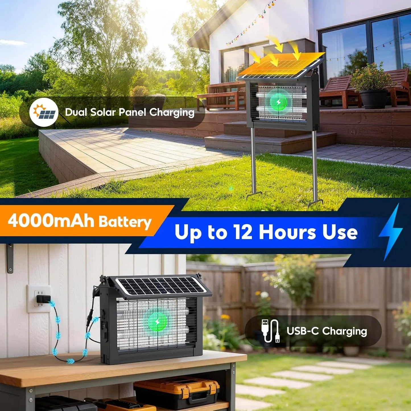 Solar Bug Zapper Outdoor, 4500V Electric Mosquito Zapper with Dual Solar Panels & USB Charging, Waterproof Fly Trap