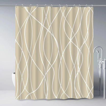 unframed Modern black and white striped corrugated fabric bathroom shower curtain.