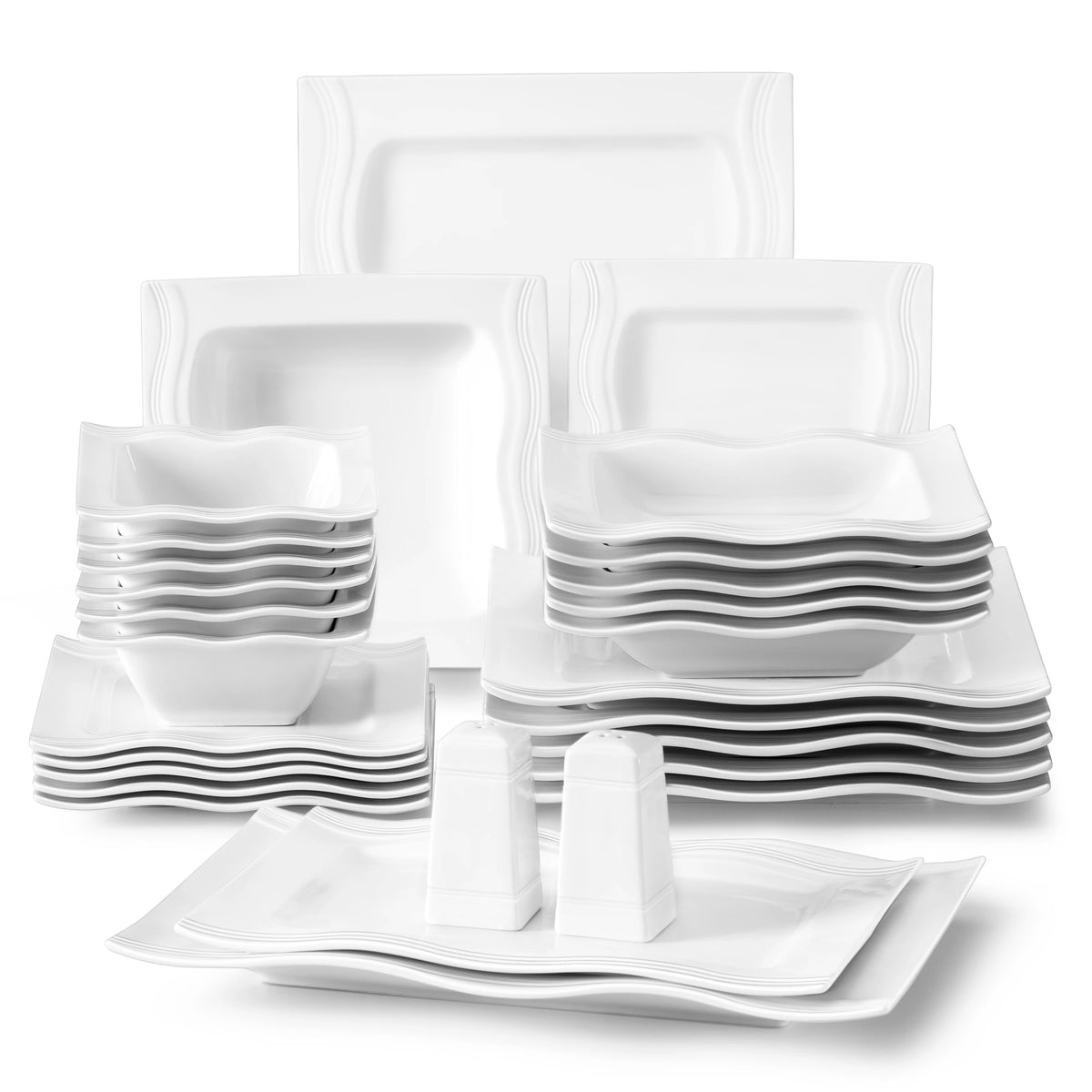 Square Dinnerware Sets 28 Piece White Porcelain Plates and Bowls Set Salt Pepper Pot Salad Pasta Bowls Dinner Set