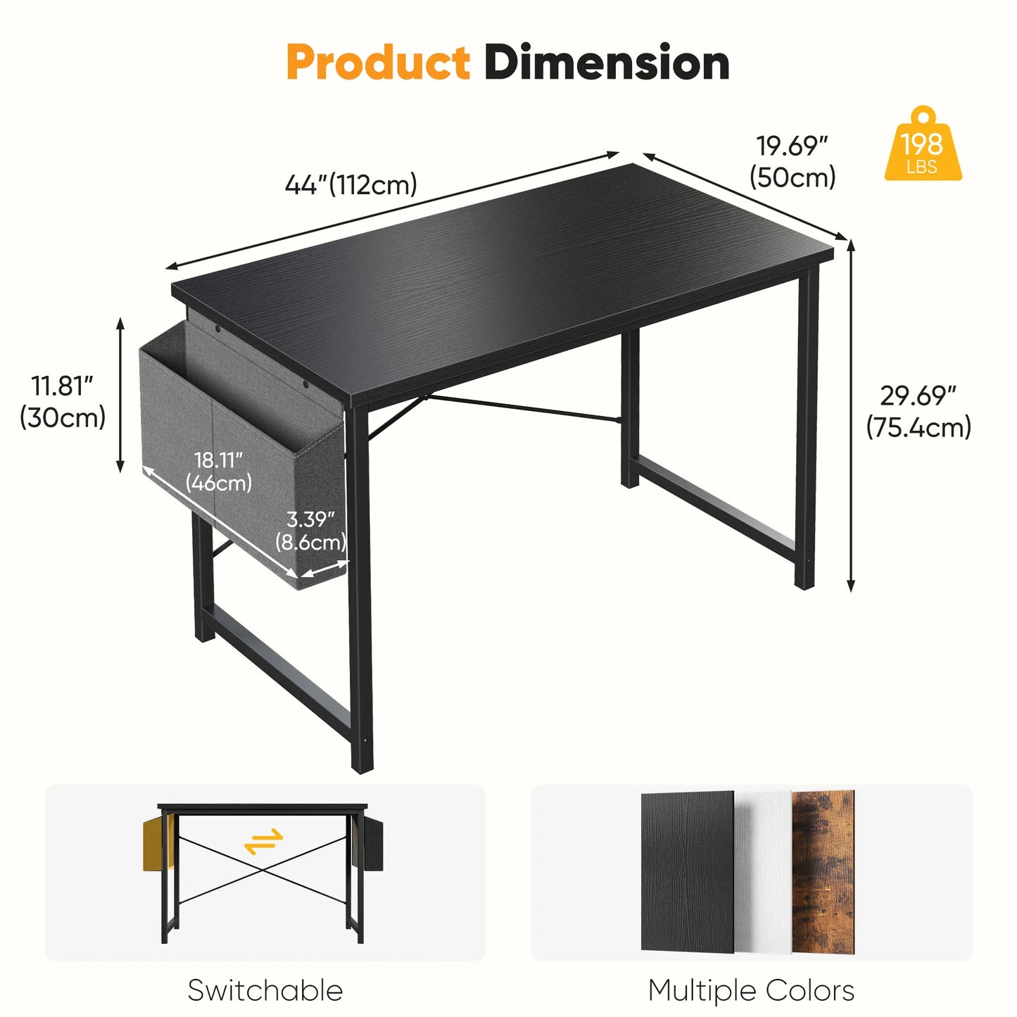 Computer Office Desk Writing Study Gaming Table with Storage Bag Metal Frame Wood Tabletop Easy Assembly
