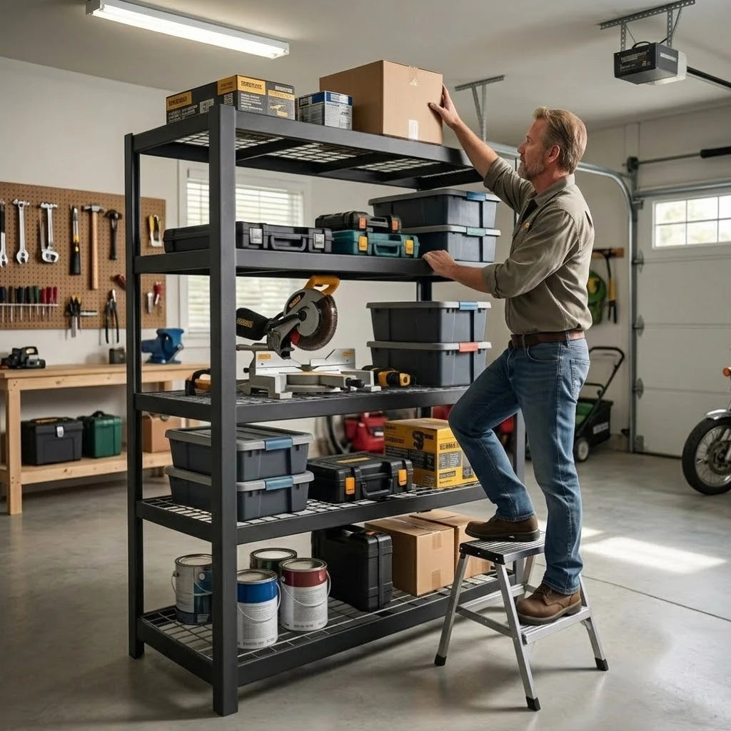 Steel Heavy Duty Garage Organizer Rack, Adjustable Height Metal Shelving for Garage Basement Workshop, Home Tool Storage
