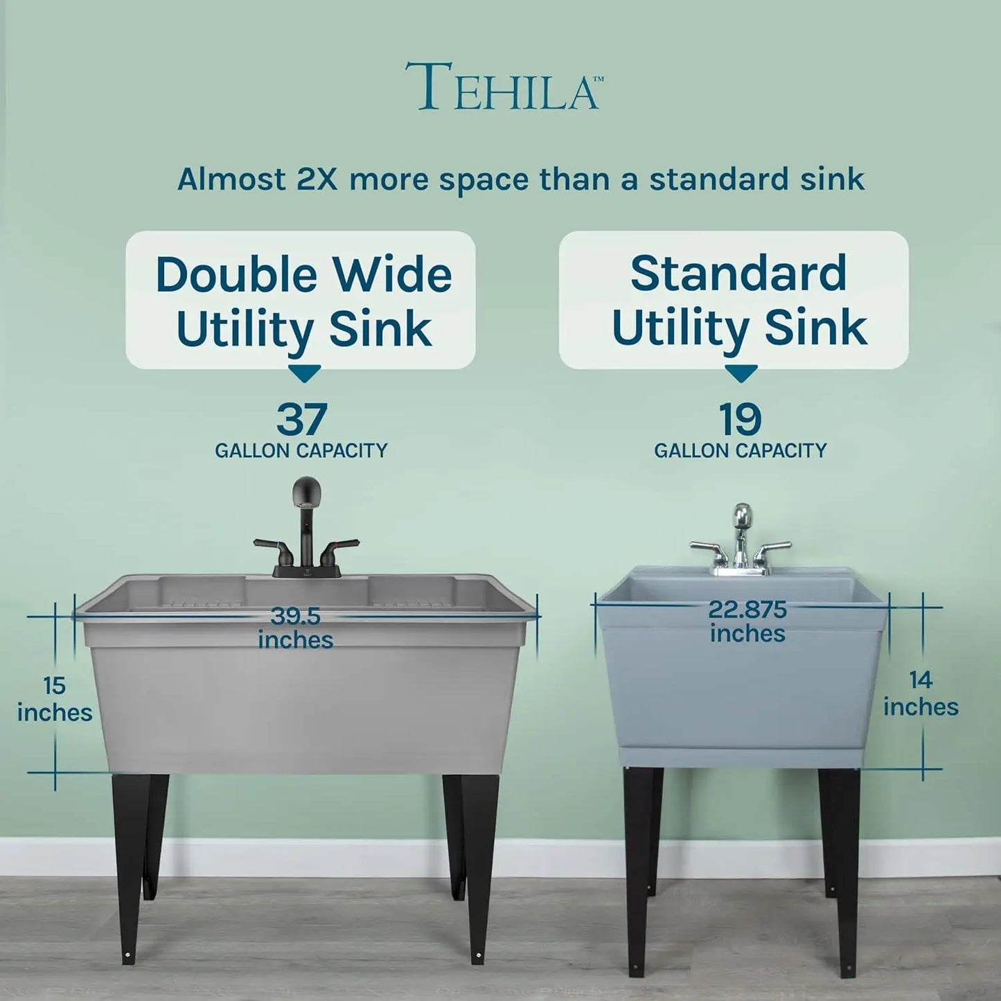 Freestanding Double-Wide Utility Sink with Steel Legs & Black Pull-Out Faucet, Multi-Purpose Heavy-Duty