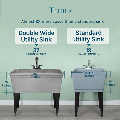 Freestanding Double-Wide Utility Sink with Steel Legs & Black Pull-Out Faucet, Multi-Purpose Heavy-Duty