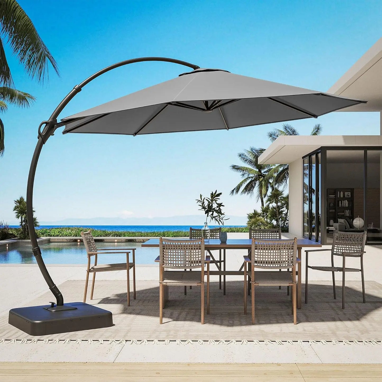 Outdoor Patio Umbrella with Base Included, 11ft Large Sunshade Cantilever Umbrella Deluxe Curvy Aluminum