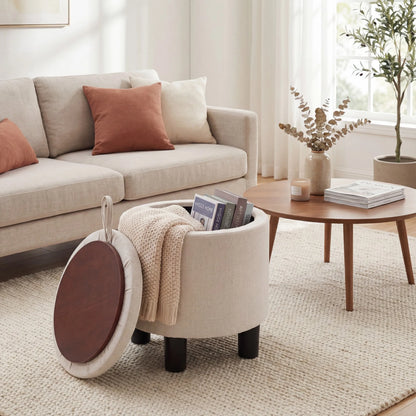 Round Storage Ottoman, Linen Fabric Upholstered Footrest Stool w/ Removable Lid