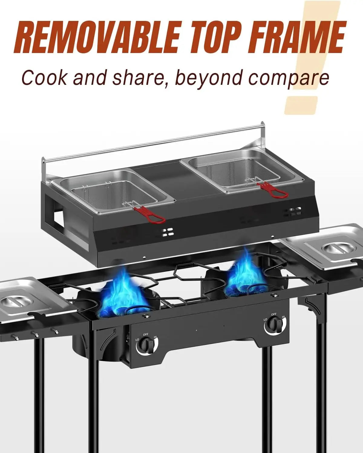 Outdoor Propane Deep Fryer with Cover, Tongs, Dual-Tank Commercial Fryer, 2x8QT Stainless Steel Pots with Baskets & Lids,
