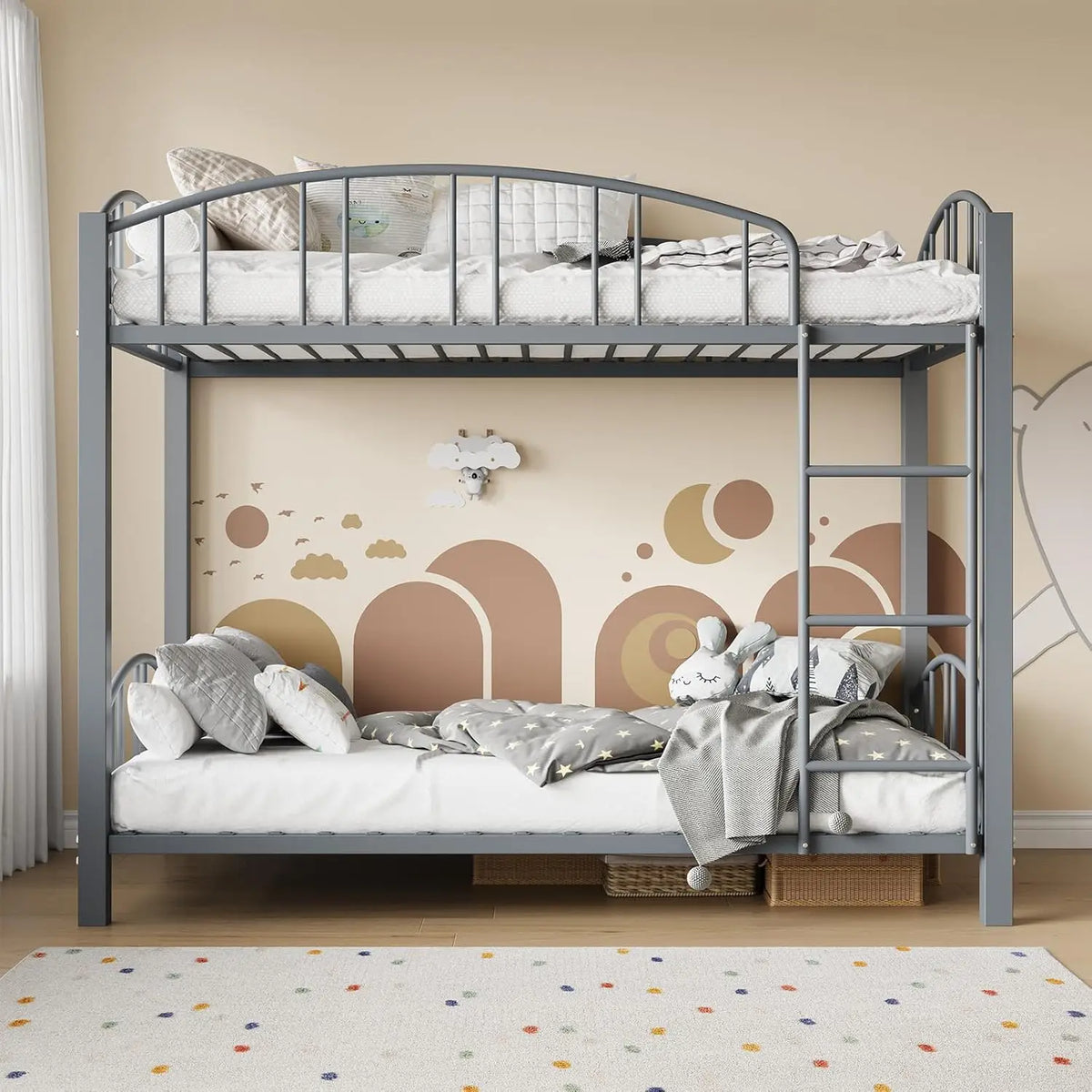 Metal Loft Bed Bunk Beds Twin Over Full Size with Heightened Safety Guardrail & Ladder