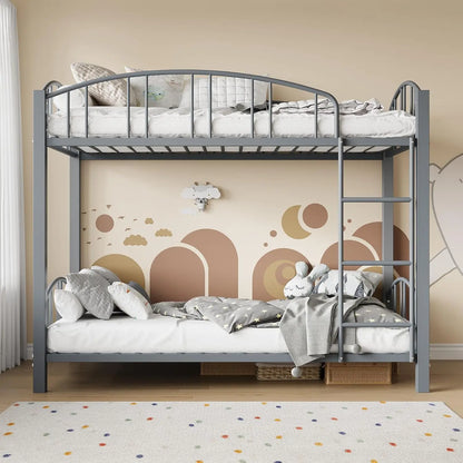 Metal Loft Bed Bunk Beds Twin Over Full Size with Heightened Safety Guardrail & Ladder