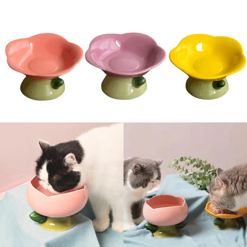 Cute Ceramic Cat Bowl Non-slip Flower Shape Food Water Pet Supplies Cat