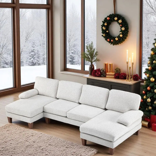 U-shaped Sectional Couch with Two Chaise, Affordable Small Sofa with Chenille Fabric Comfy Couche