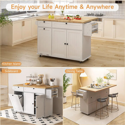 60" Mobile Kitchen Islands Rolling Table Drop Leaf with Power Outlet Spice Towel Rack Trash