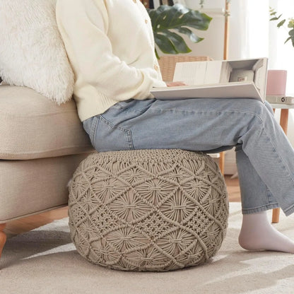 Hand Knitted Cotton Pouf Ottoman Foot Rest - Boho Round Stuffed for Living Room Bedroom Beige