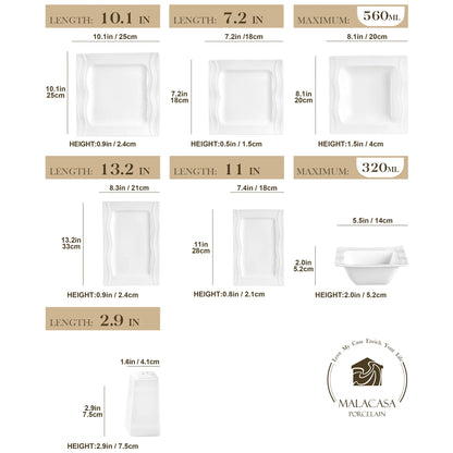 Square Dinnerware Sets 28 Piece White Porcelain Plates and Bowls Set Salt Pepper Pot Salad Pasta Bowls Dinner Set