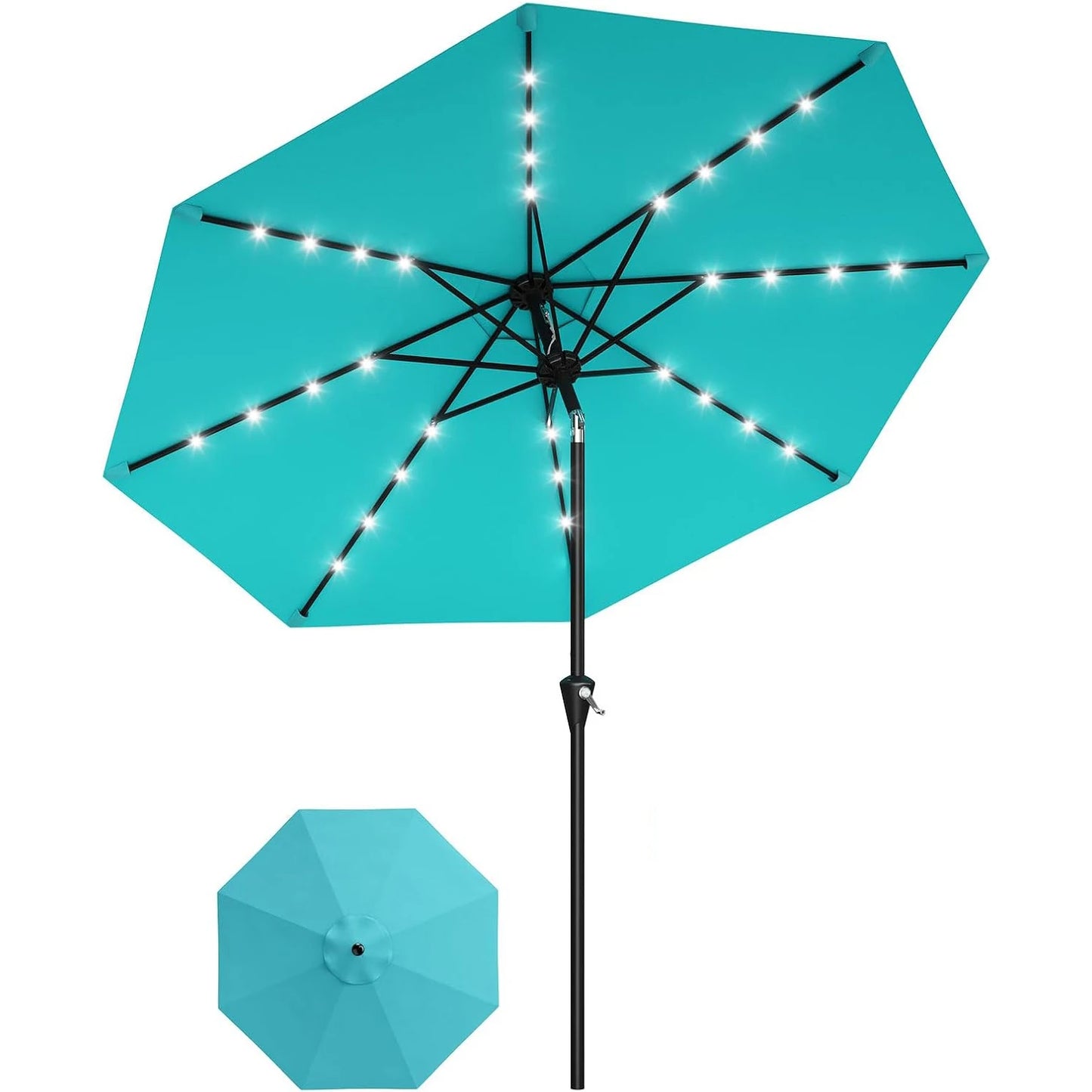 9FT Solar Patio Umbrella with 32 LED Lights - Outdoor Table Umbrella with Crank Lift, Push Button Tilt and 8 Sturdy Ribs