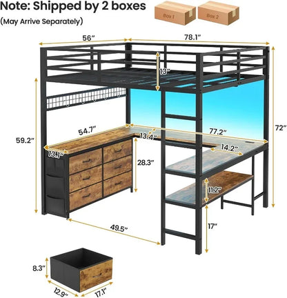 ADORNEVE Loft Bed Full Size with U-Shaped Desk, 6 Storage Drawers, Power Outlet, LED Metal with 2 Storage Shelves