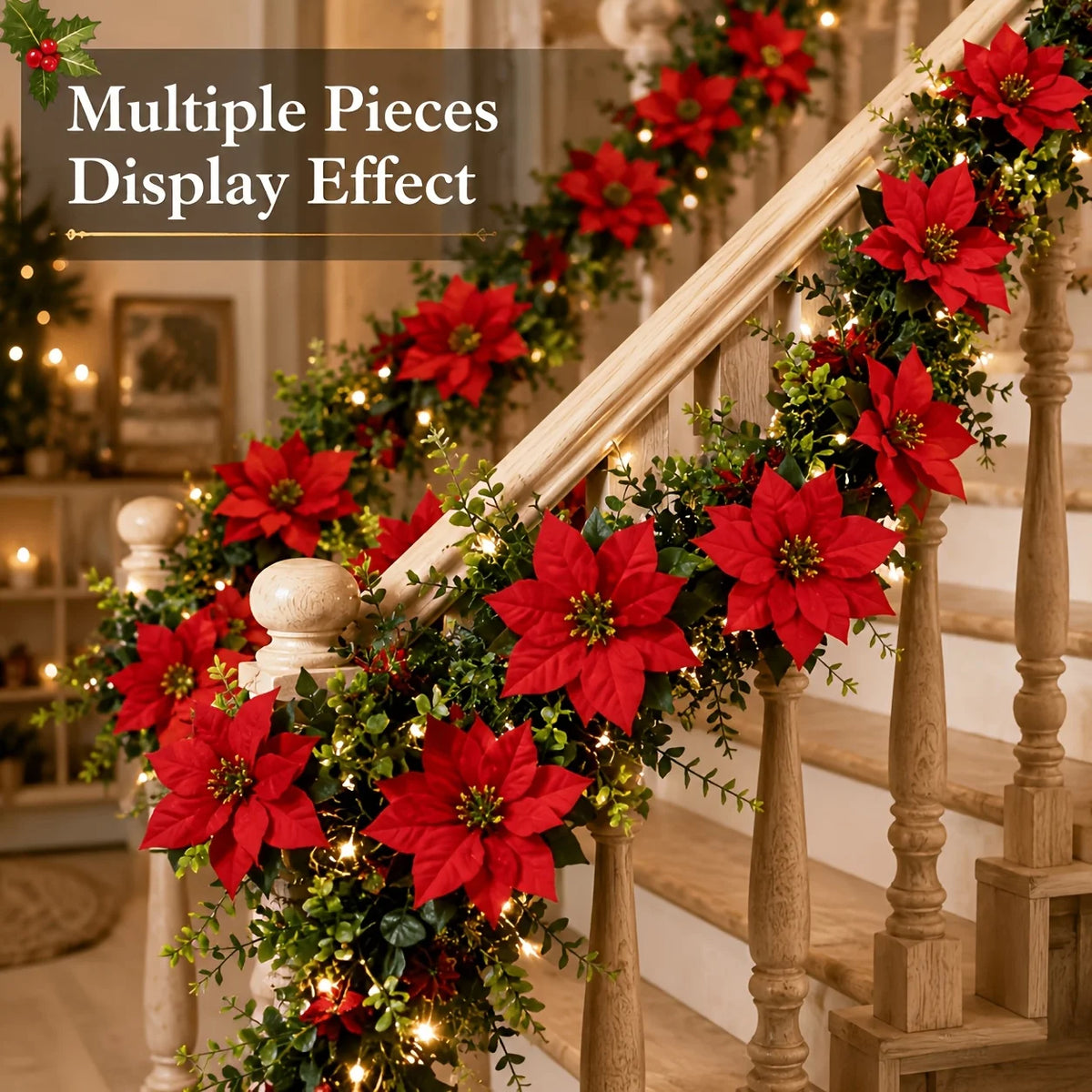 2Pcs Artificial Christmas Garland Red Poinsettia Eucalyptus Faux Flower