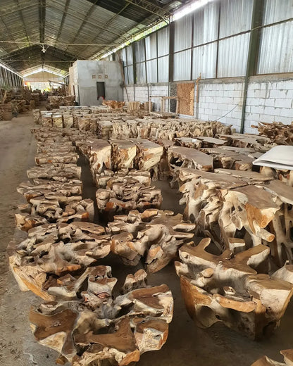Teak root coffee table base, including 55-inch round glass top